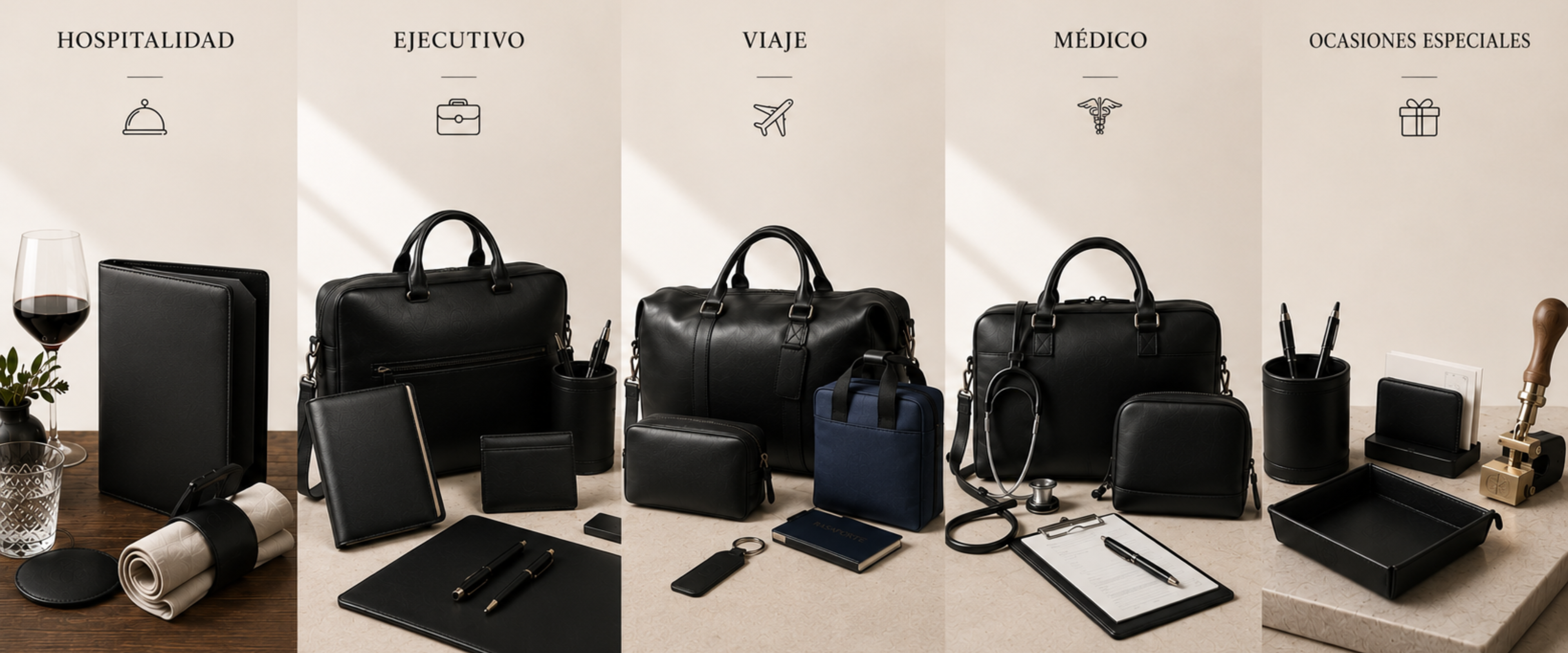 Regalos corporativos Danilos — un clutch de cuero negro sobre una revista editorial